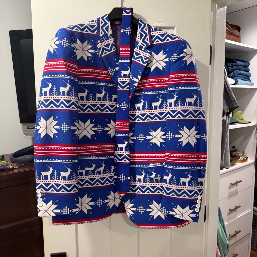 OppoSuits Blue, White & Red Holiday Reindeer Suit Jacket with Matching Tie